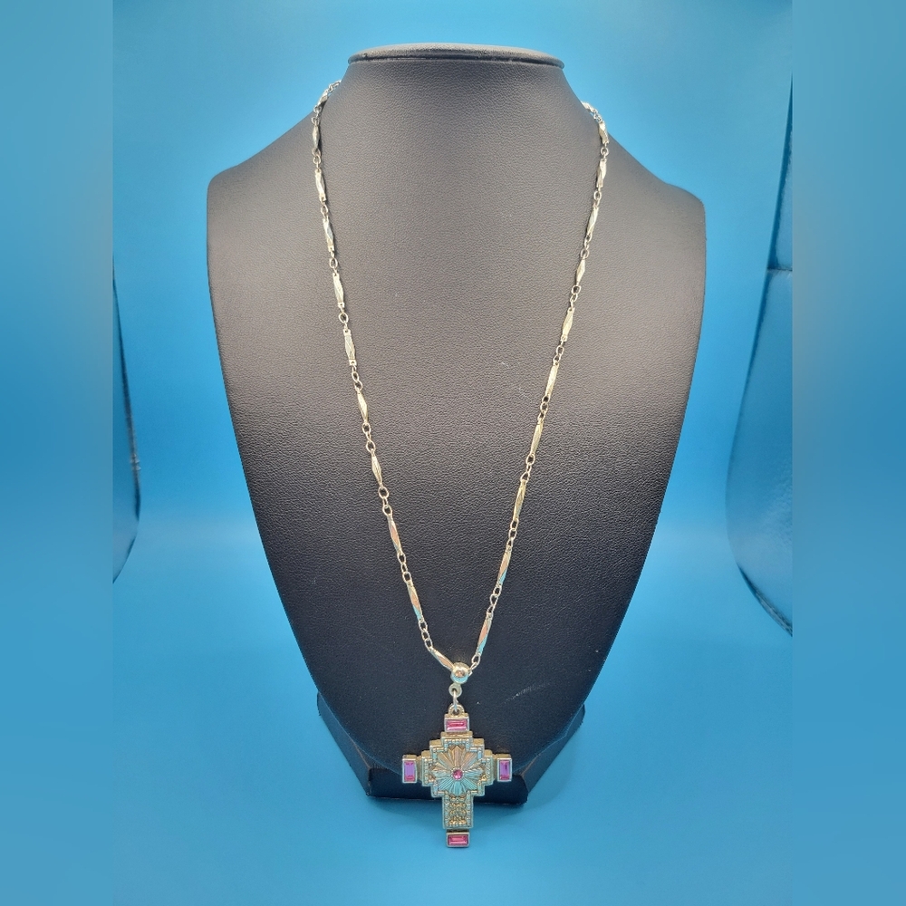 Vintage The Vatican Library Collection Museum Pink And Silver Cross Necklace